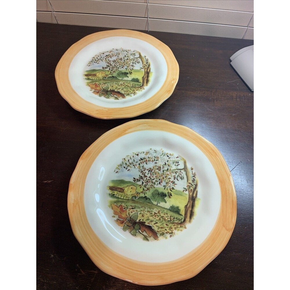 2 Ceramiche Tadinate 12" Dinner Plates Made In Italy Fall Scene